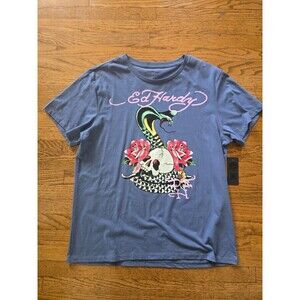 Ed Hardy Shirt Womens Large Blue Skull and Snake Short Sleeve NWT